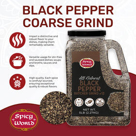 Spicy World black pepper coarse grind texture close-up showing grind size