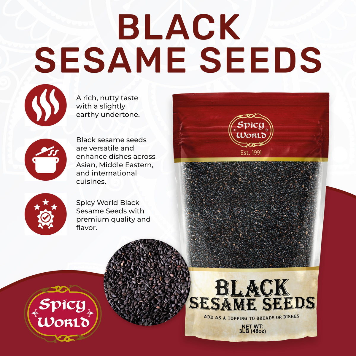Spicy World black sesame seeds closeup, nutty aroma enhances stir-fry and salads.