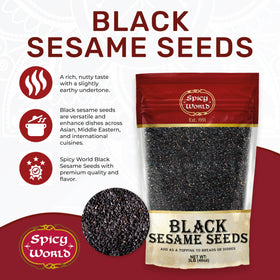 Spicy World black sesame seeds closeup, nutty aroma enhances stir-fry and salads.