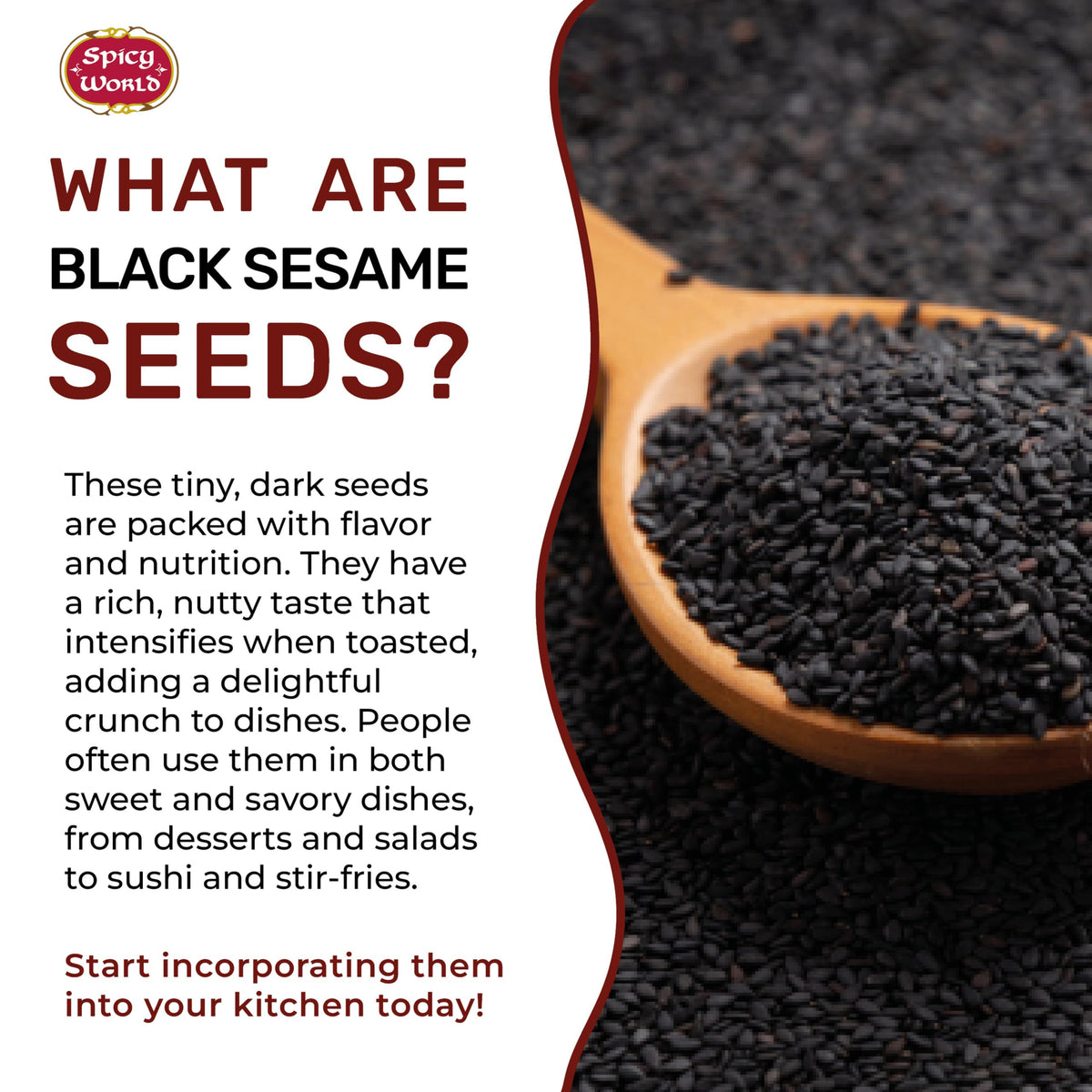 Spicy World black sesame seeds in a bowl, ready to top noodles or bread.