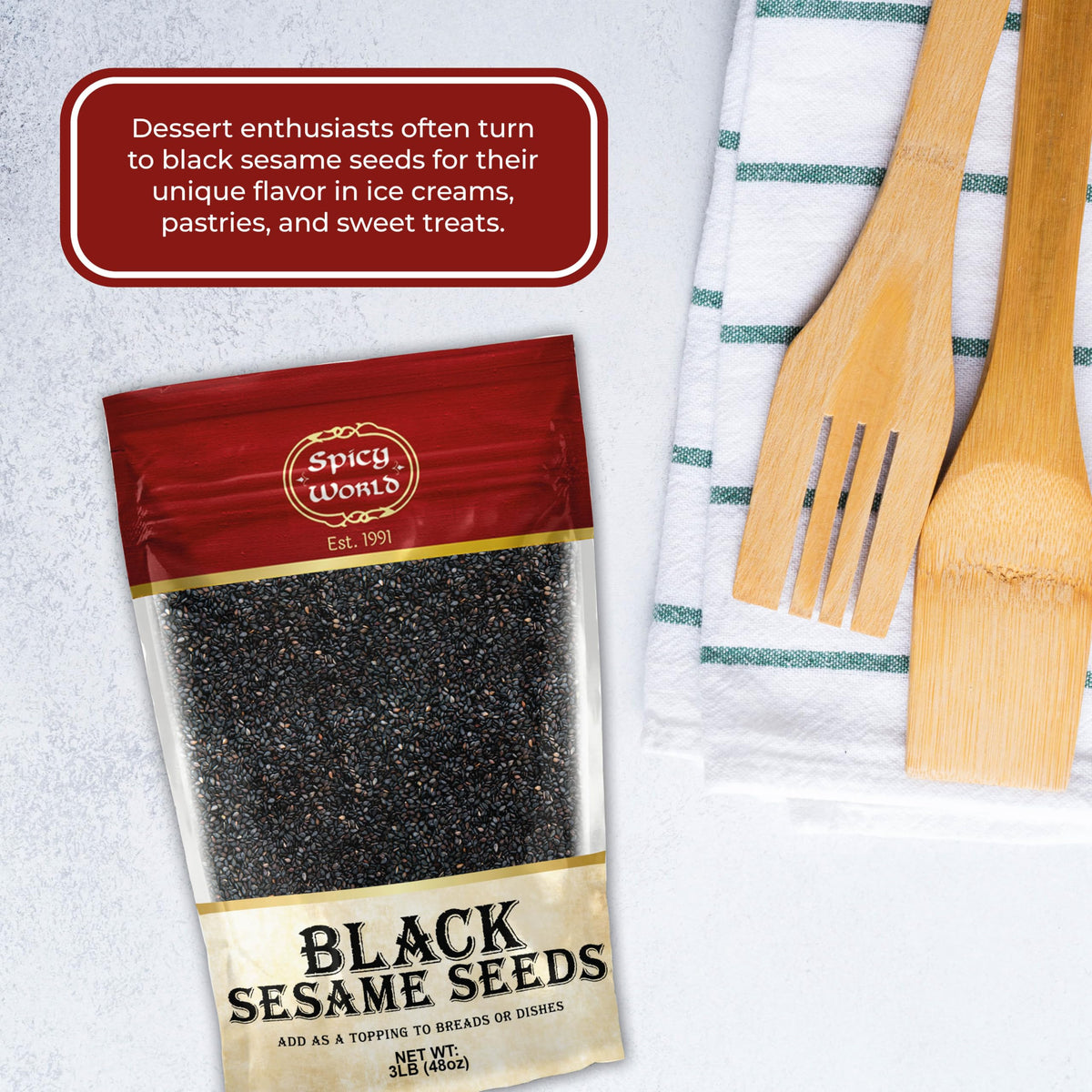 Spicy World black sesame seeds, India-origin raw quality for versatile use.