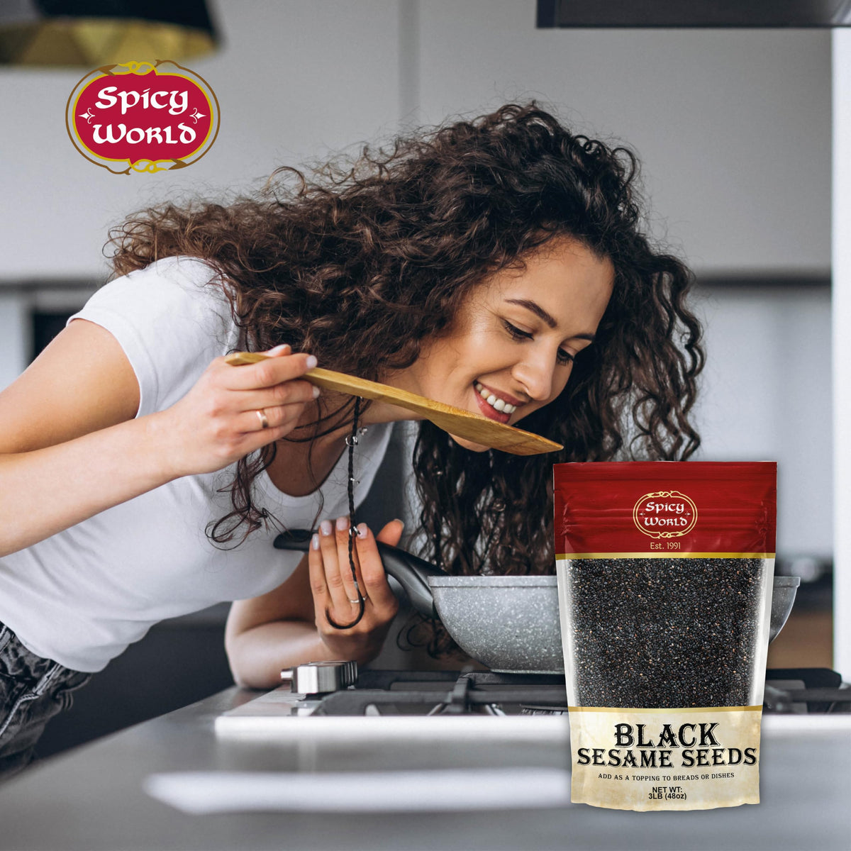 Spicy World black sesame seeds on salad, elevating texture and nuttiness.