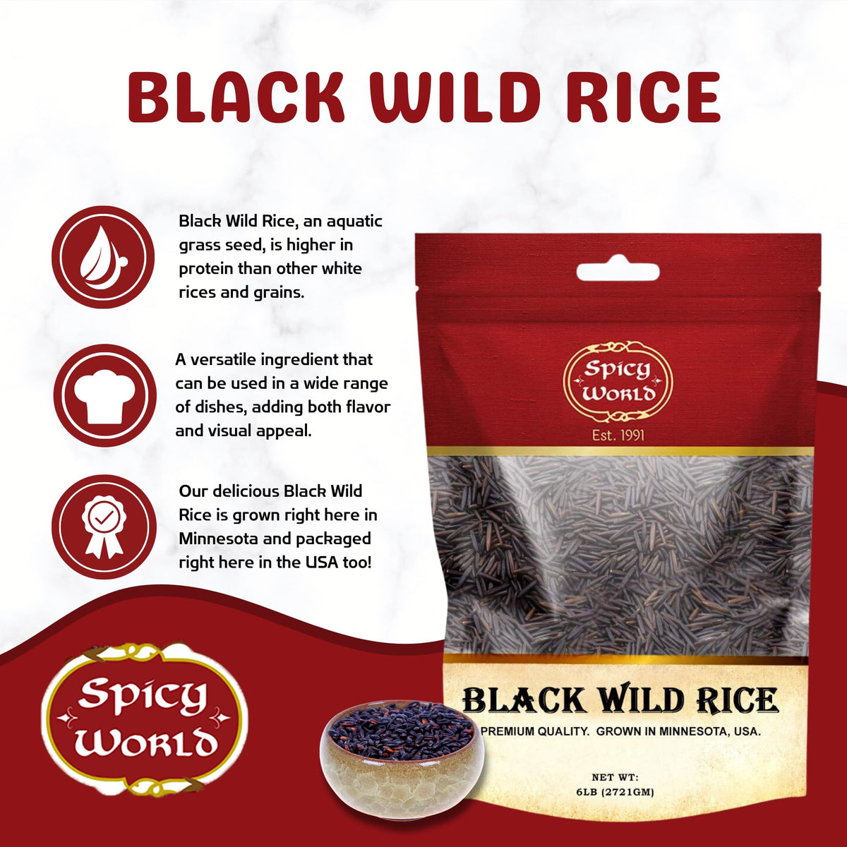 Spicy World wild rice grains close-up showing rich texture
