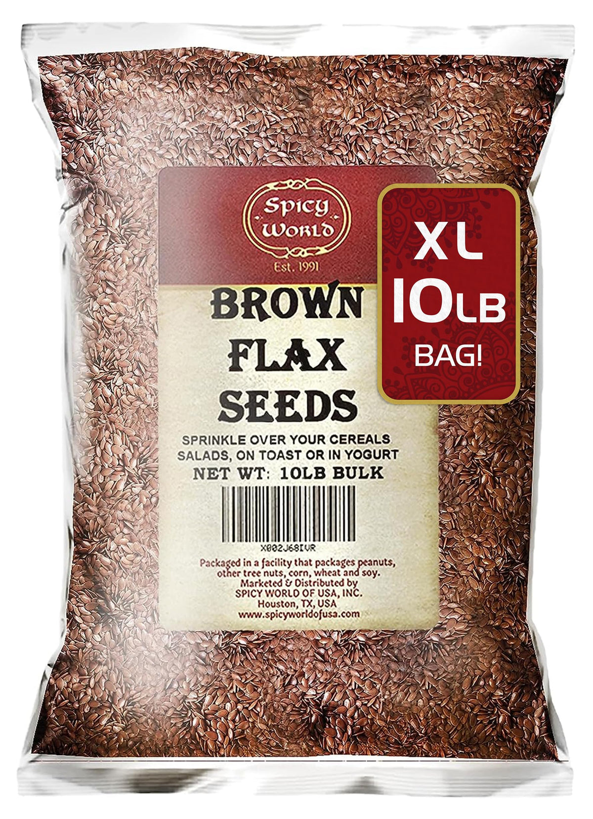 Spicy World Brown Flaxseed 10lb box front, showcasing value for pantry staples.
