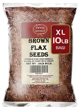 Spicy World Brown Flaxseed 10lb box front, showcasing value for pantry staples.
