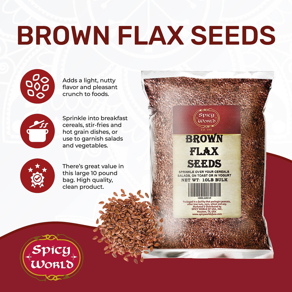 Spicy World brown flaxseed bulk bag texture close-up highlighting quality and fiber-rich seeds.