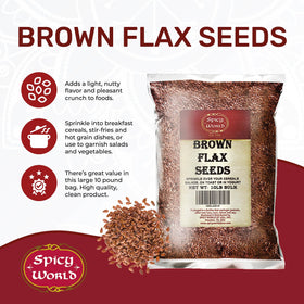 Spicy World brown flaxseed bulk bag texture close-up highlighting quality and fiber-rich seeds.