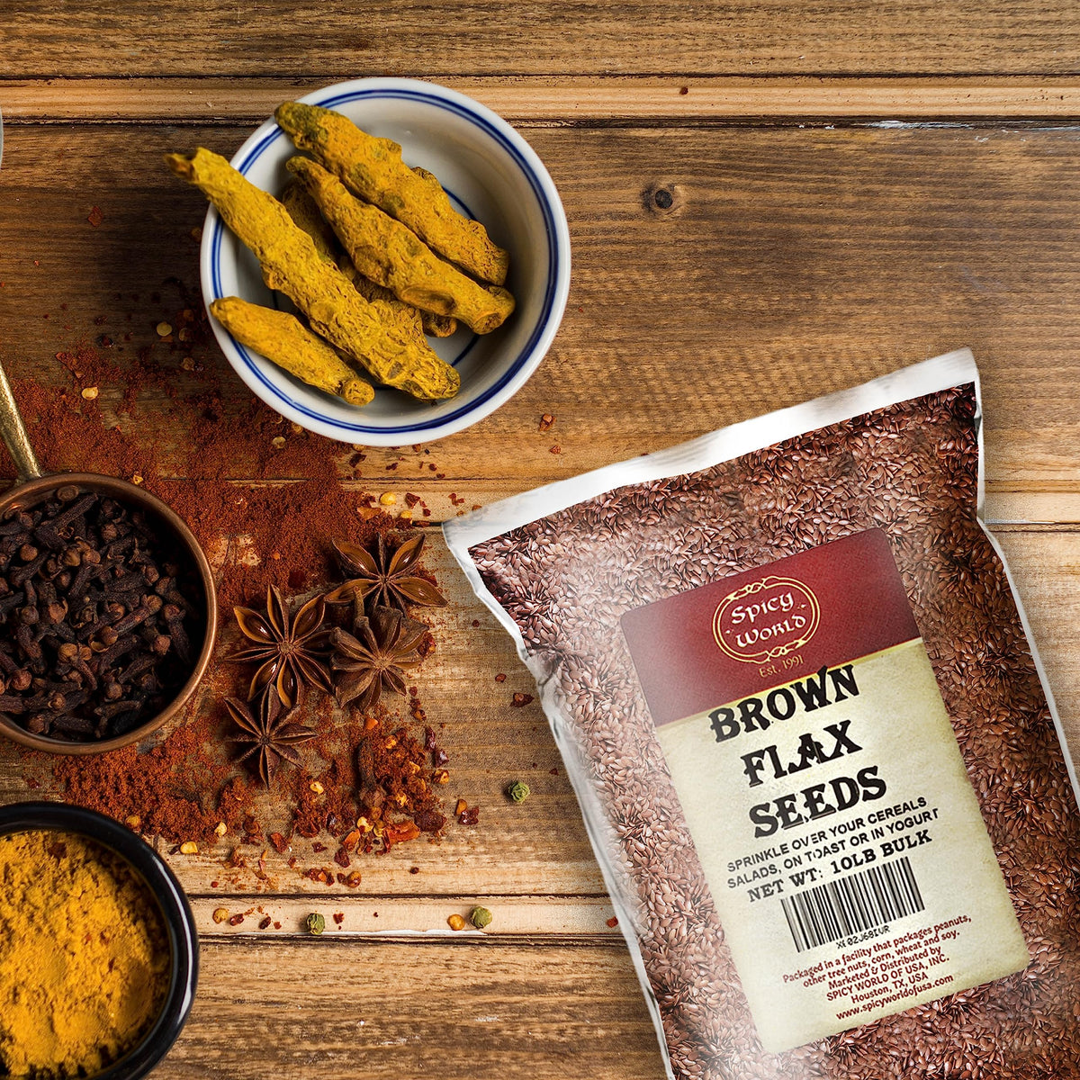 Spicy World Brown Flaxseed in bowl, ready to boost cereals, yogurt, or oats.