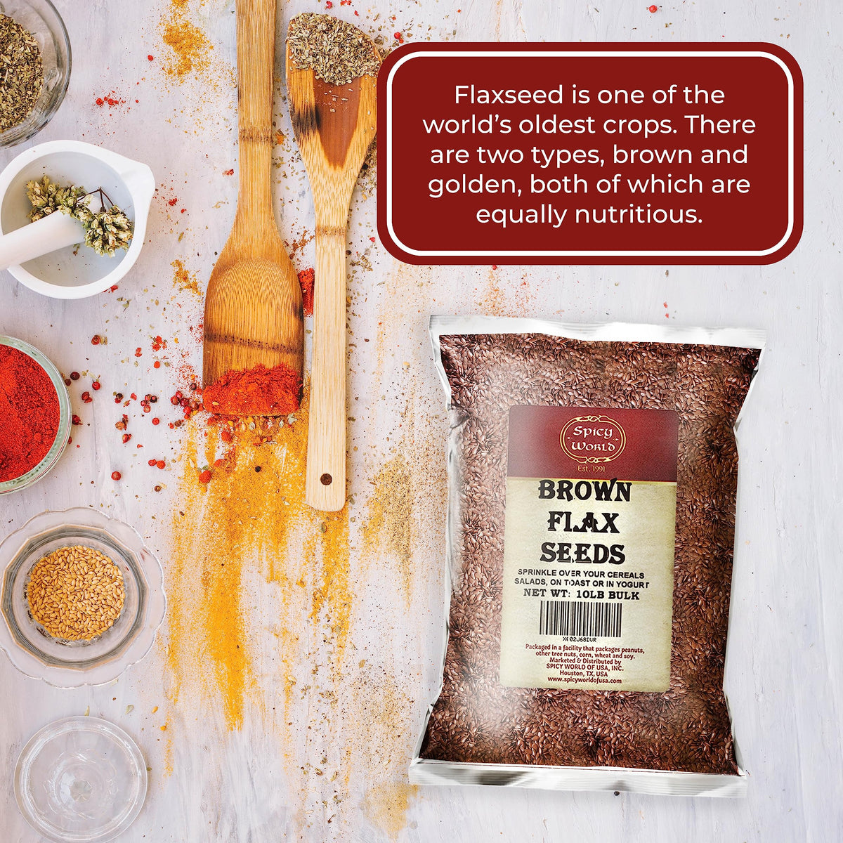 Spicy World Brown Flaxseed sprinkled over cereal, adding crunch and fiber.