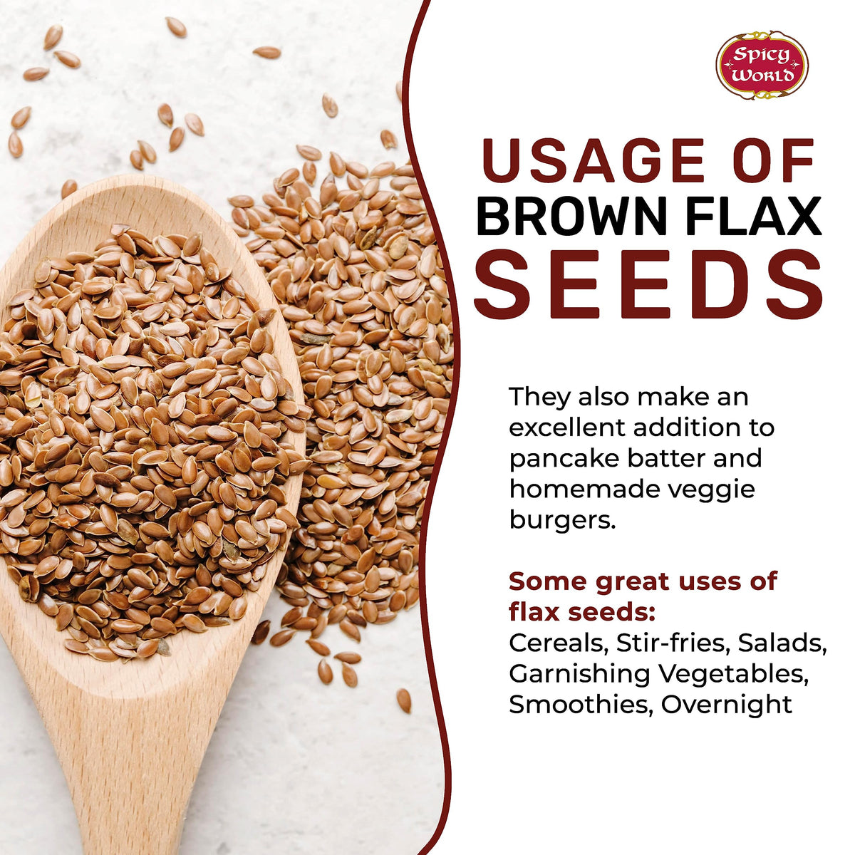 Spicy World Brown Flaxseed whole seeds close-up, showing tiny, nutty kernels.