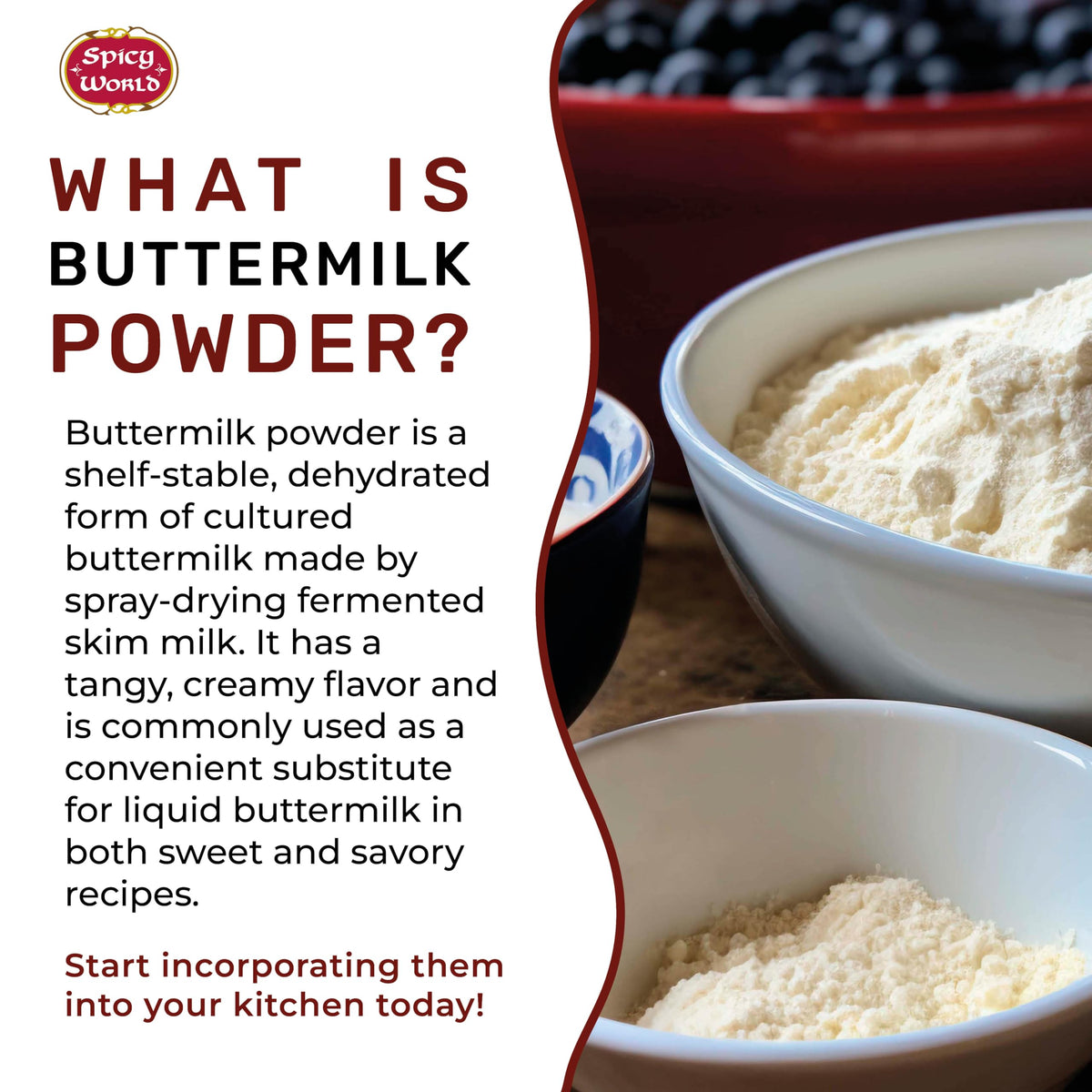 Spicy World buttermilk powder being poured into a bowl