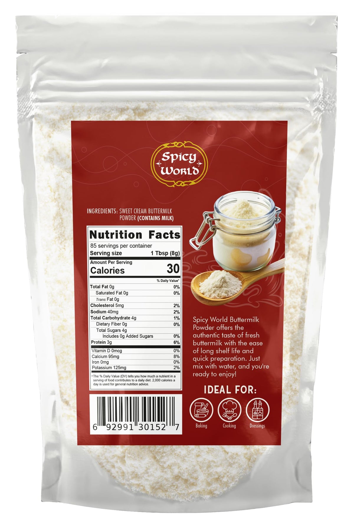 Spicy World buttermilk powder scoop close-up for recipes