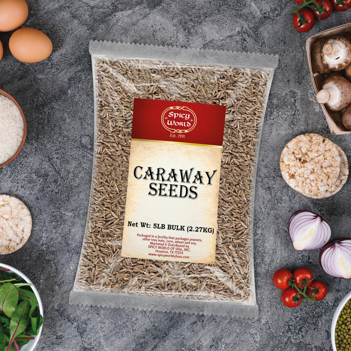 Spicy World caraway seeds label packaging highlights quality and freshness