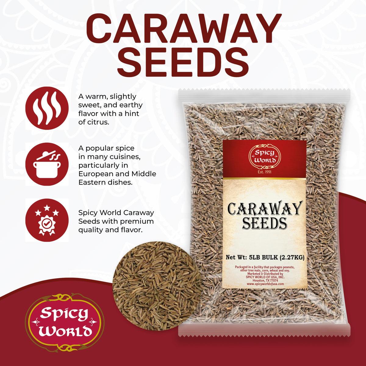 Spicy World caraway seeds being poured from a shaker for quick seasoning