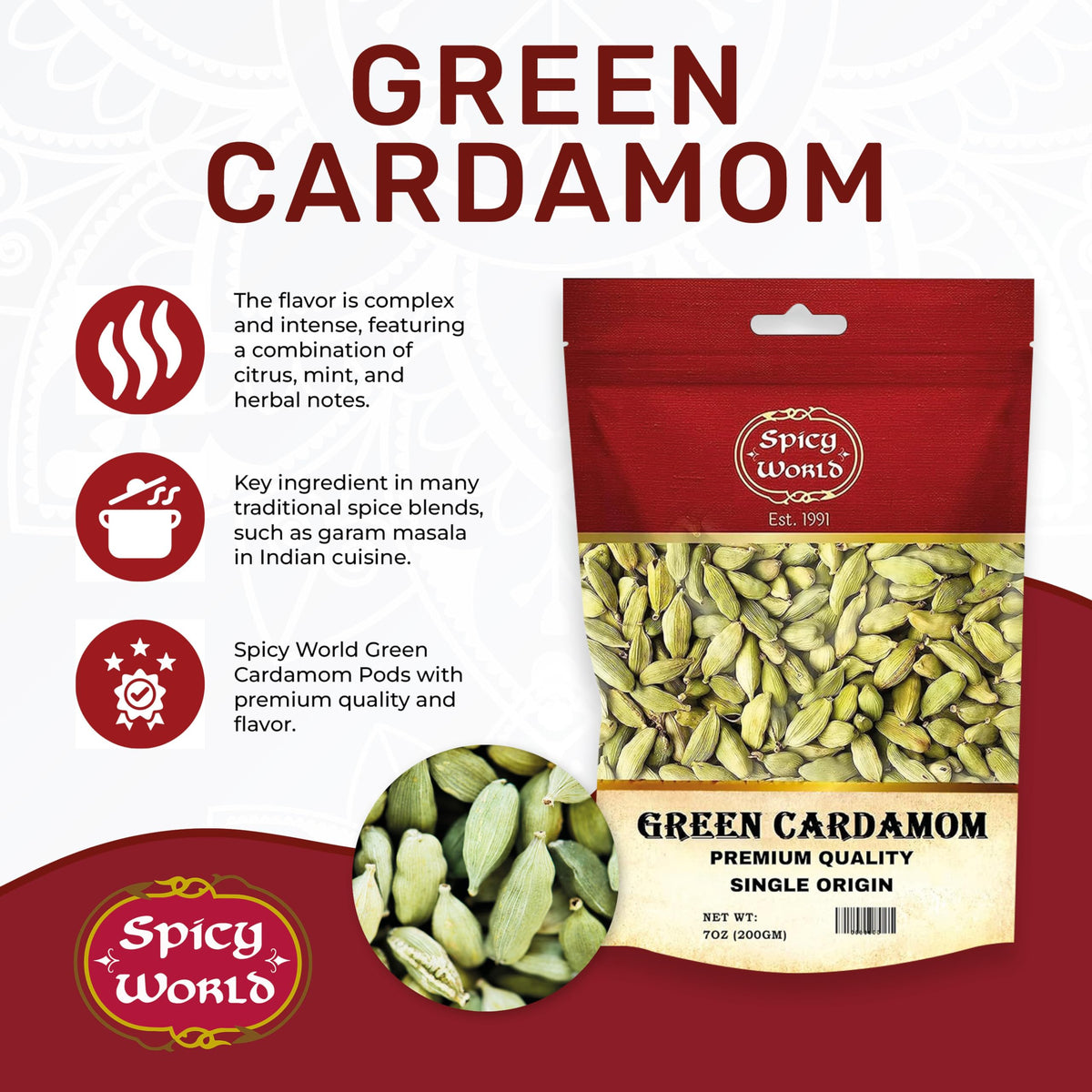 Closeup of Spicy World cardamom pods highlighting fresh, aromatic seeds.