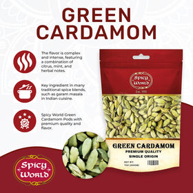 Closeup of Spicy World cardamom pods highlighting fresh, aromatic seeds.
