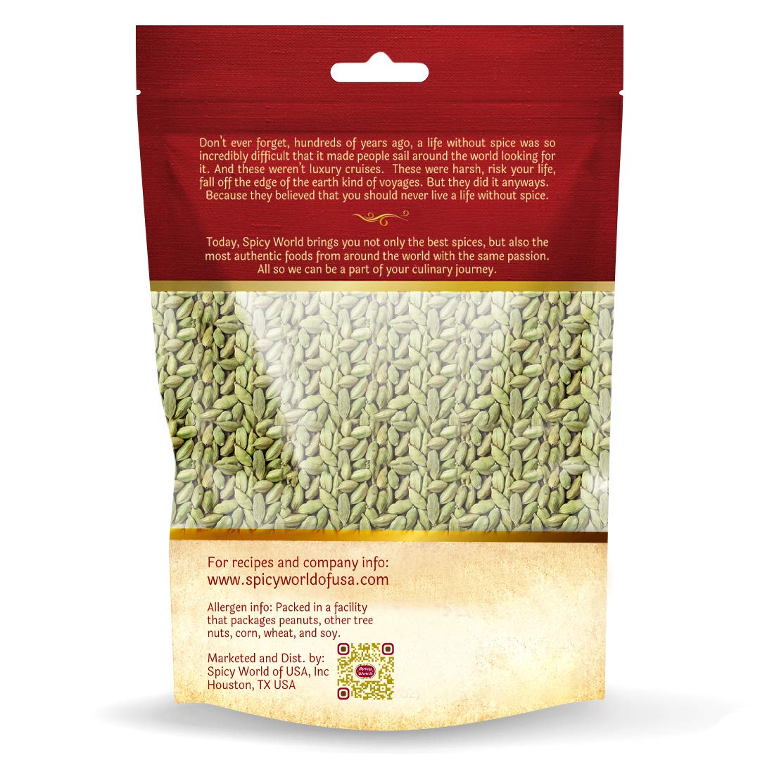 Spicy World cardamom pods closeup highlighting rich, aromatic seeds.