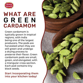 Spicy World cardamom pods steeping in a tea cup, hinting fragrant warmth.