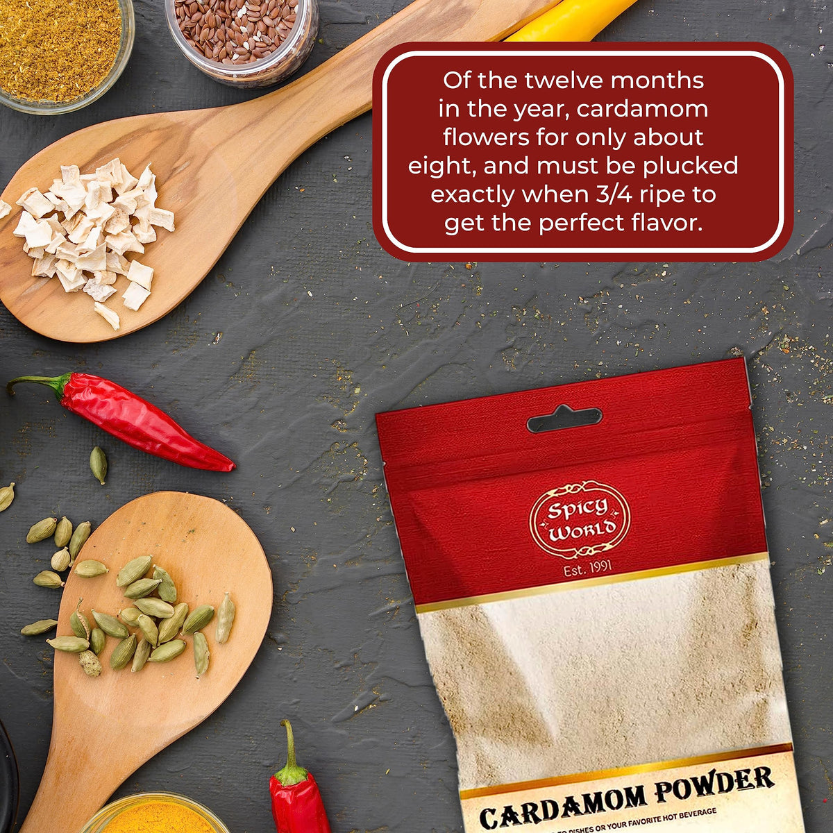 Spicy World Ground Cardamom Powder ideal for curries and desserts with warm notes.