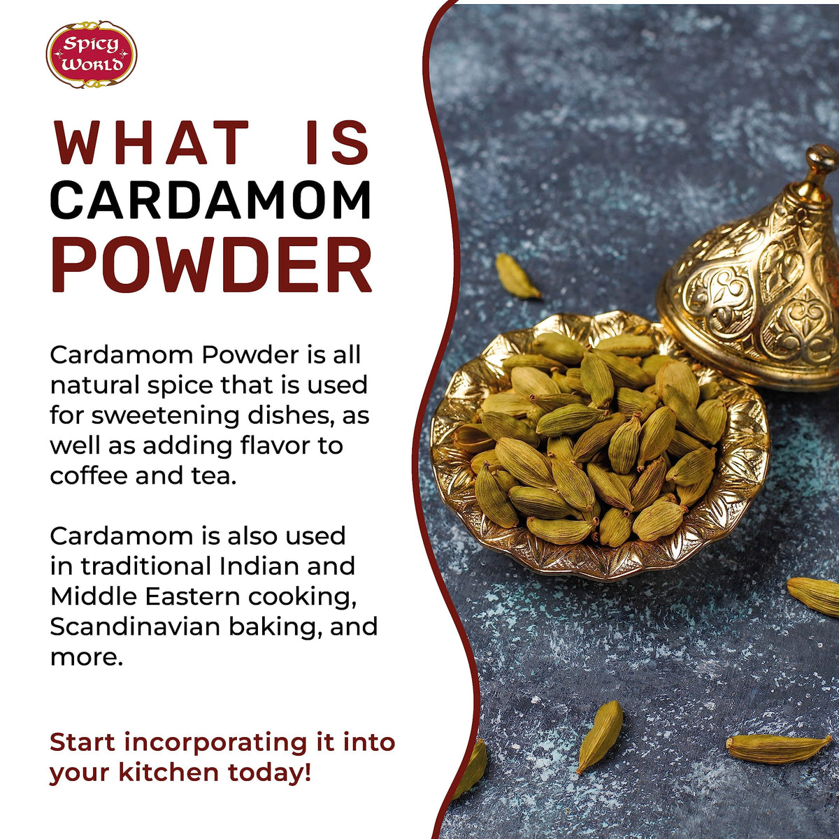 Spicy World Ground Cardamom Powder measuring spoon ready for baking use.