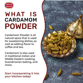 Spicy World Ground Cardamom Powder measuring spoon ready for baking use.
