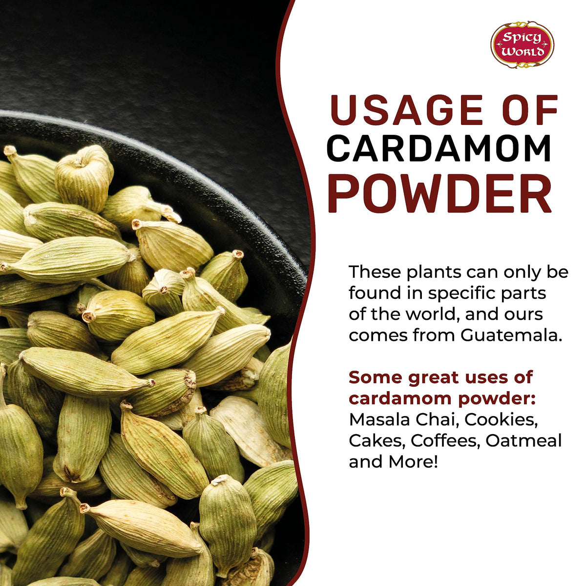 Spicy World Cardamom Powder on spice rack enhances pantry organization and aroma.