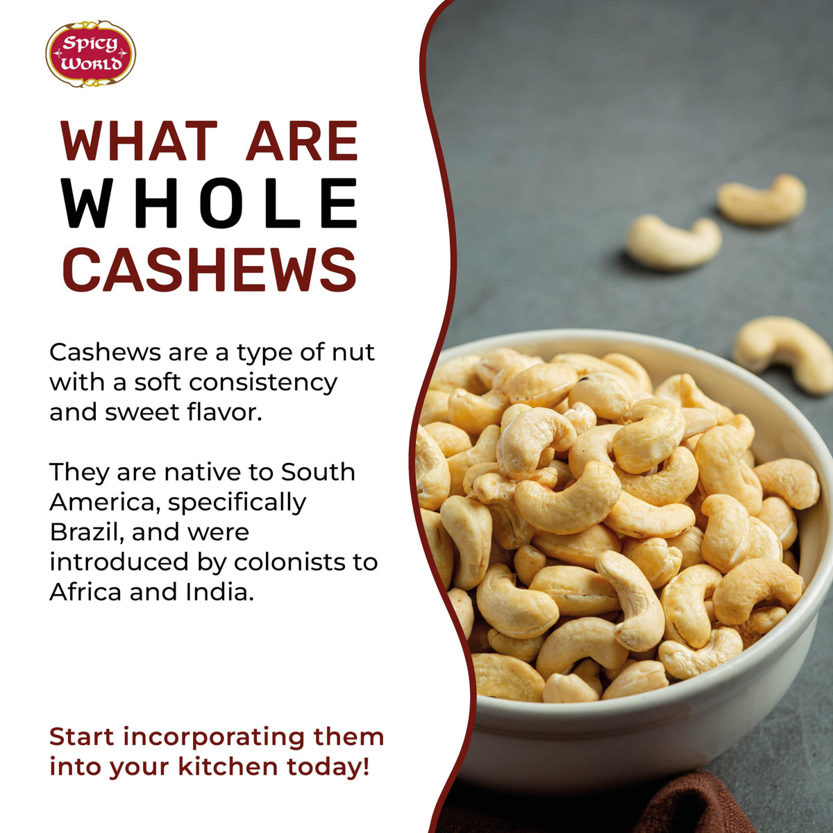 Spicy World cashews origin Vietnam or India highlights versatile sourcing.