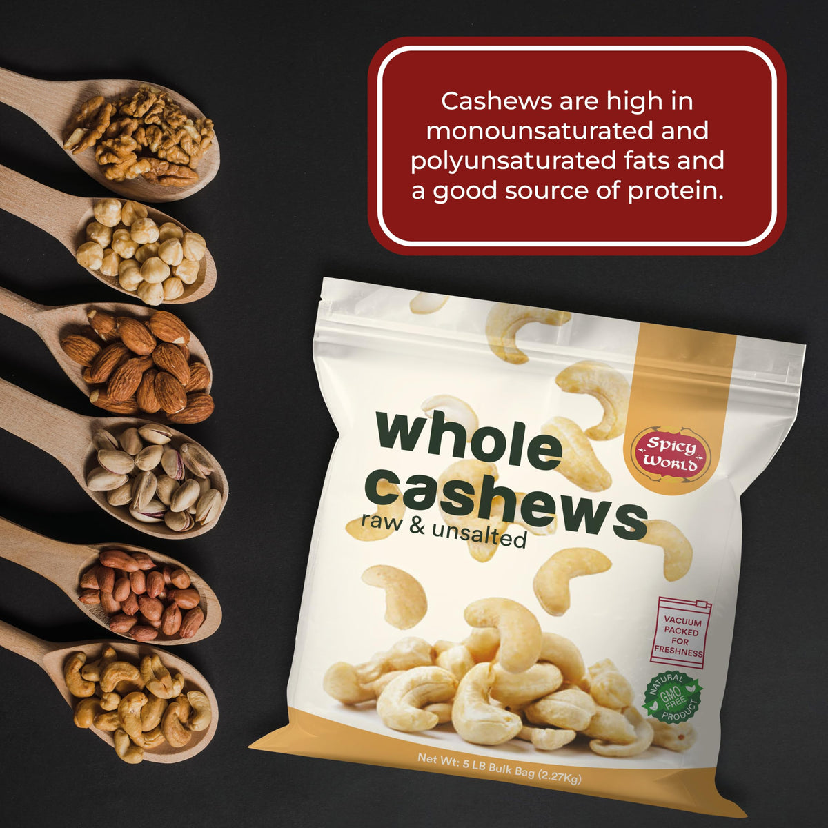 Spicy World cashews sourced from Vietnam or India.