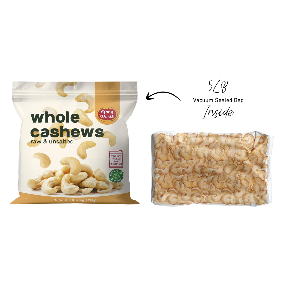 Spicy World cashews in resealable bag for fresh storage.