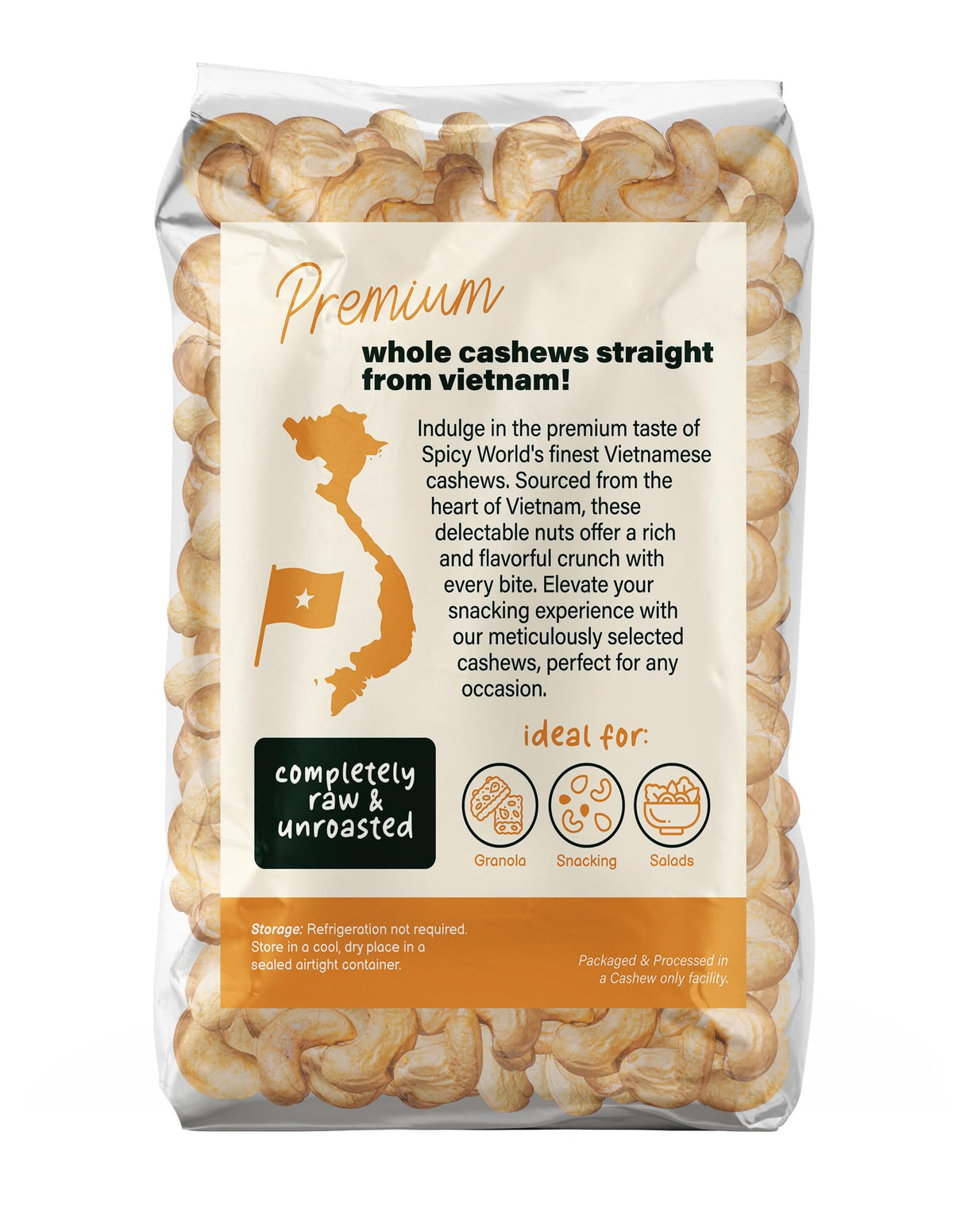 Spicy World cashews resealable pack preserves freshness after opening.