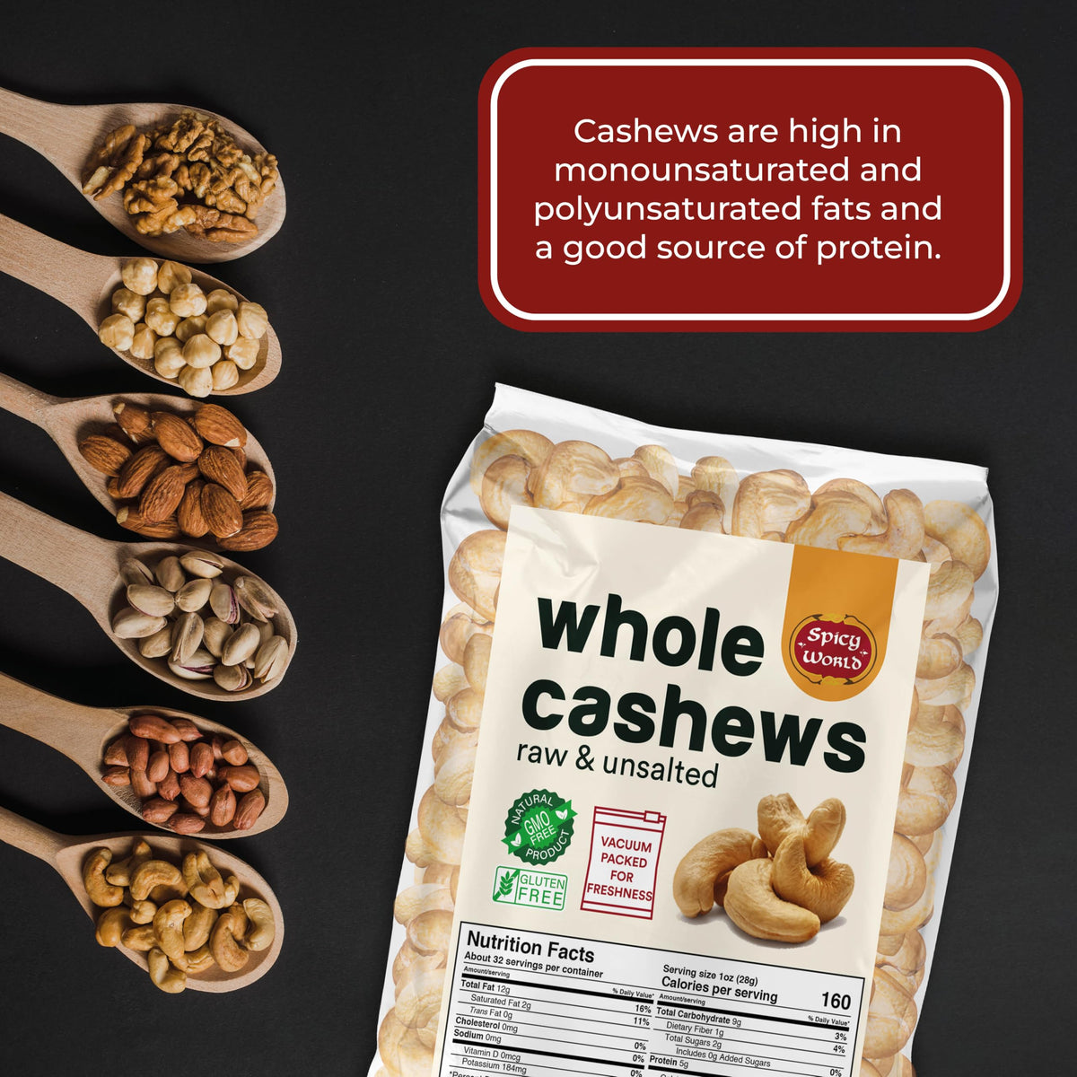 Spicy World roasted cashews as a tasty snack option.