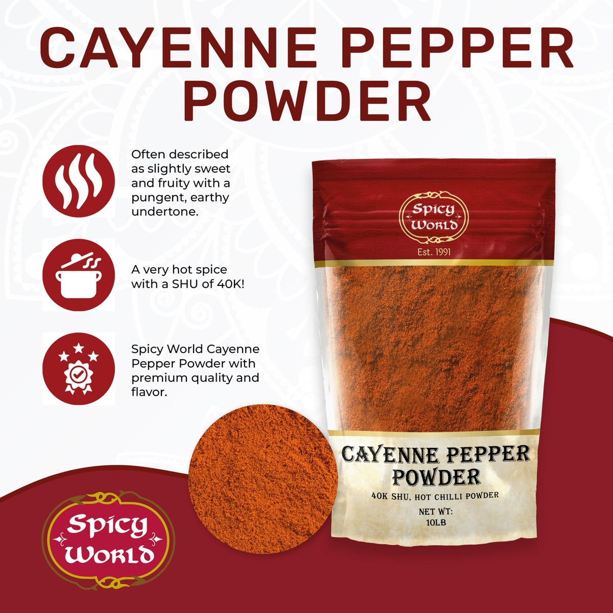 Spicy World Cayenne Pepper Powder close-up shows vibrant red color and intense heat potential