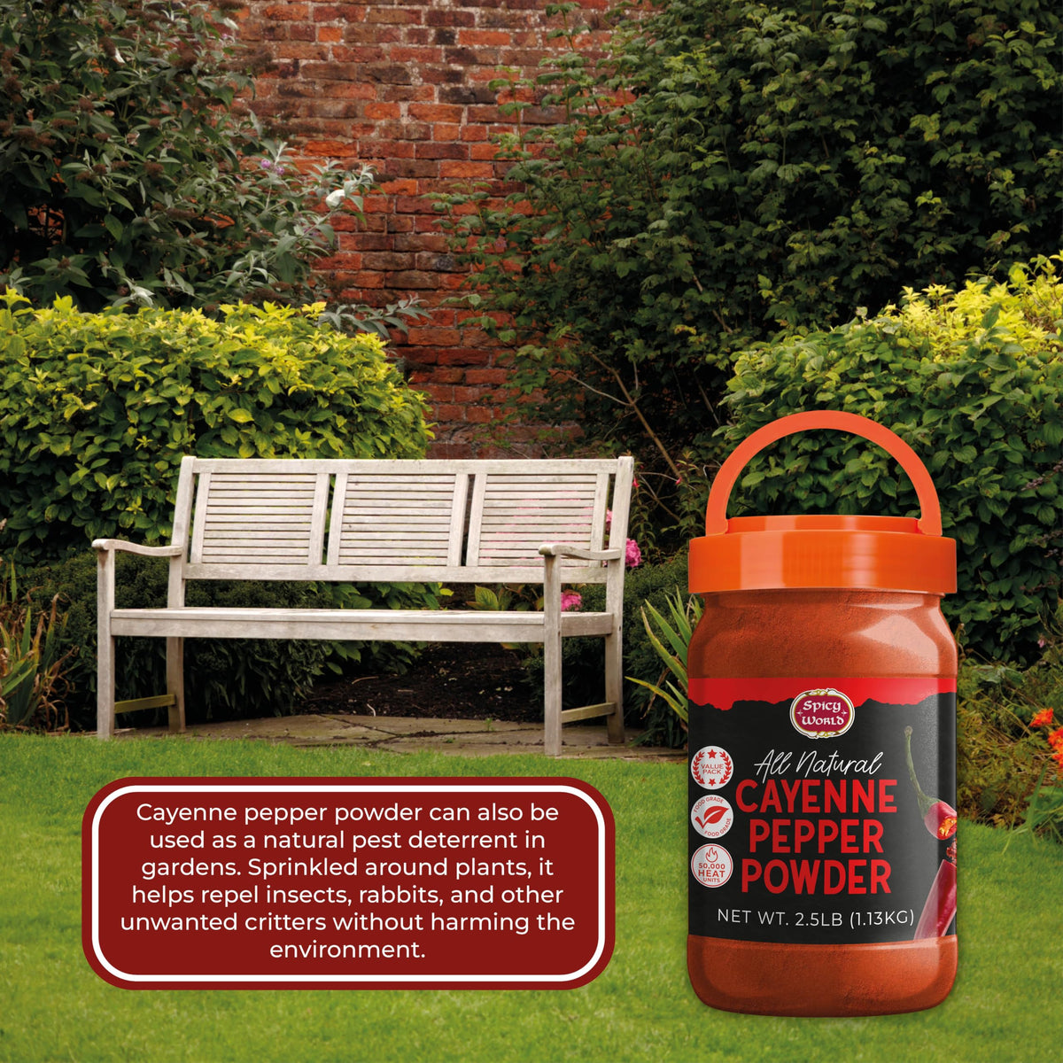 Spicy World Cayenne Powder garden-use deterrence around plants and yard.