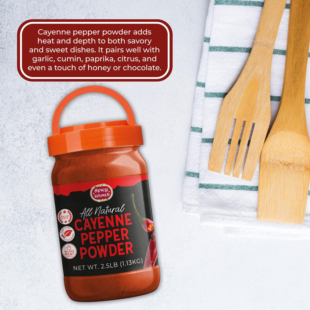 Spicy World Cayenne Powder ingredients-label highlights all-natural choices.