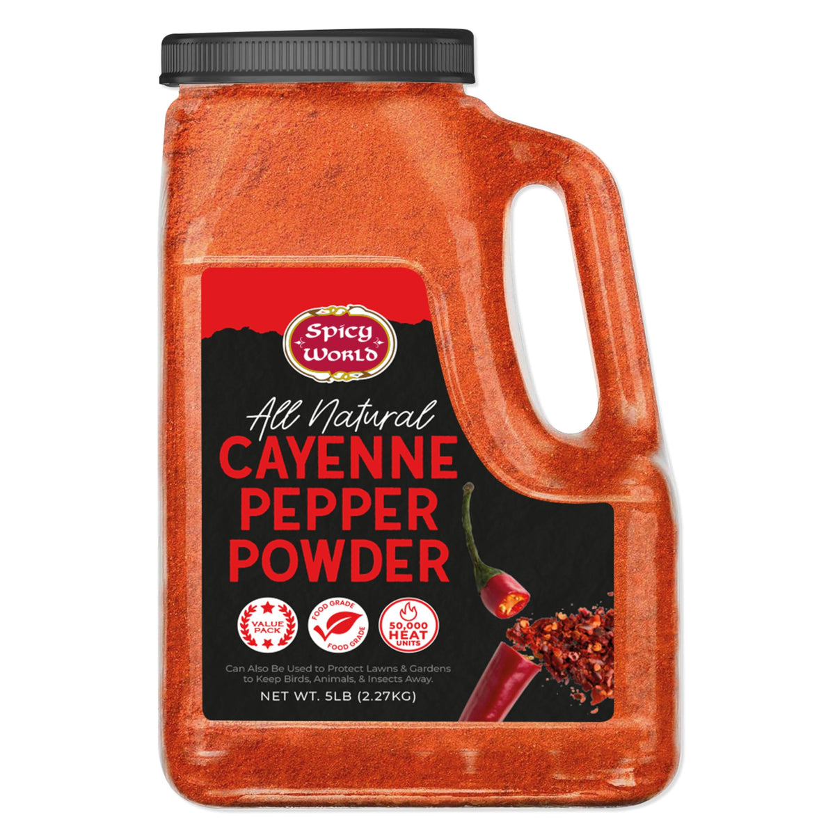 Spicy World Hot Cayenne Pepper Powder jar front view for bold flavor in sauces