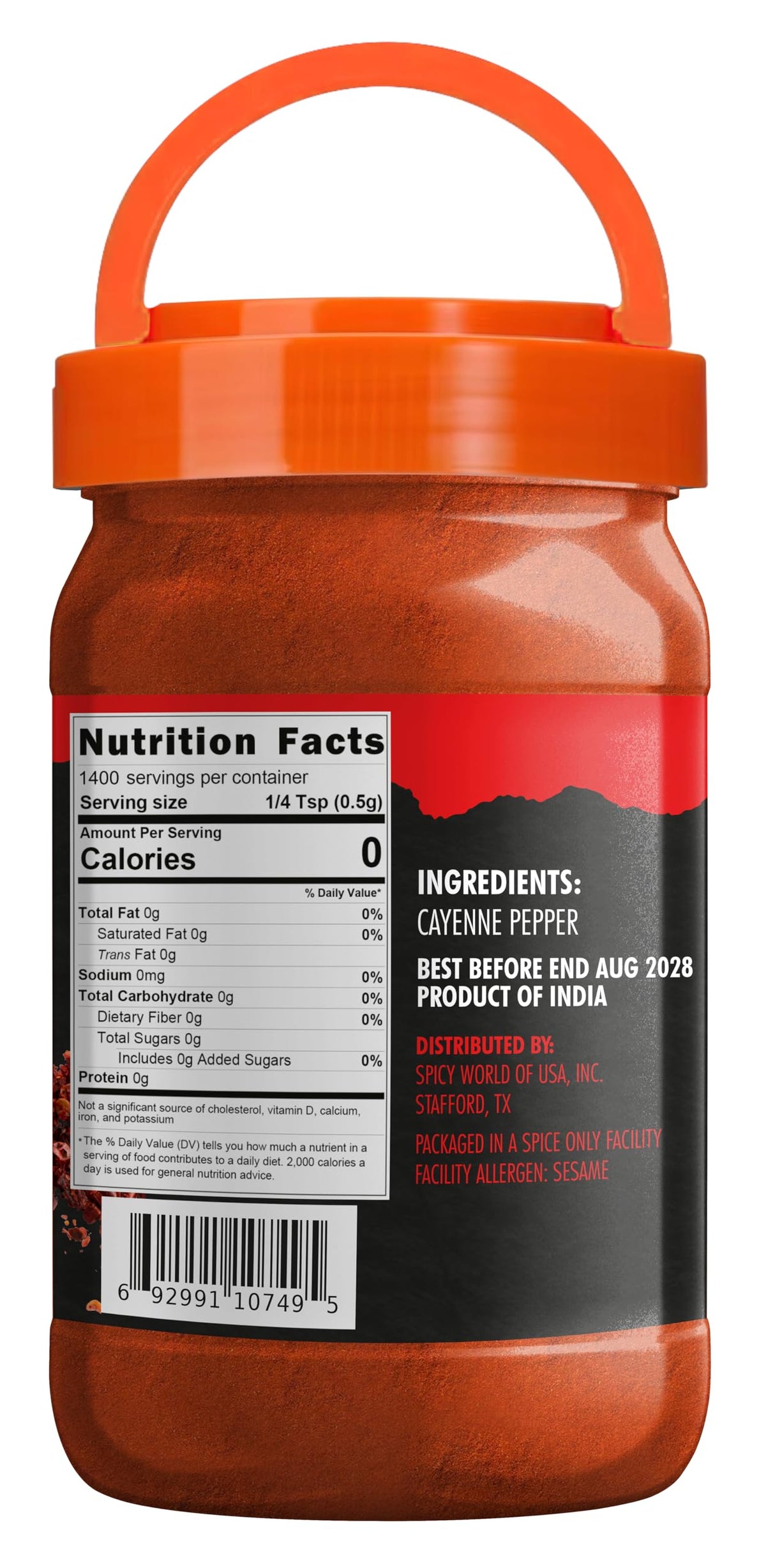 Spicy World Cayenne Pepper Powder jar sealed for freshness and shelf life.