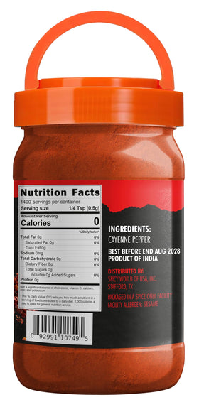 Spicy World Cayenne Pepper Powder jar sealed for freshness and shelf life.