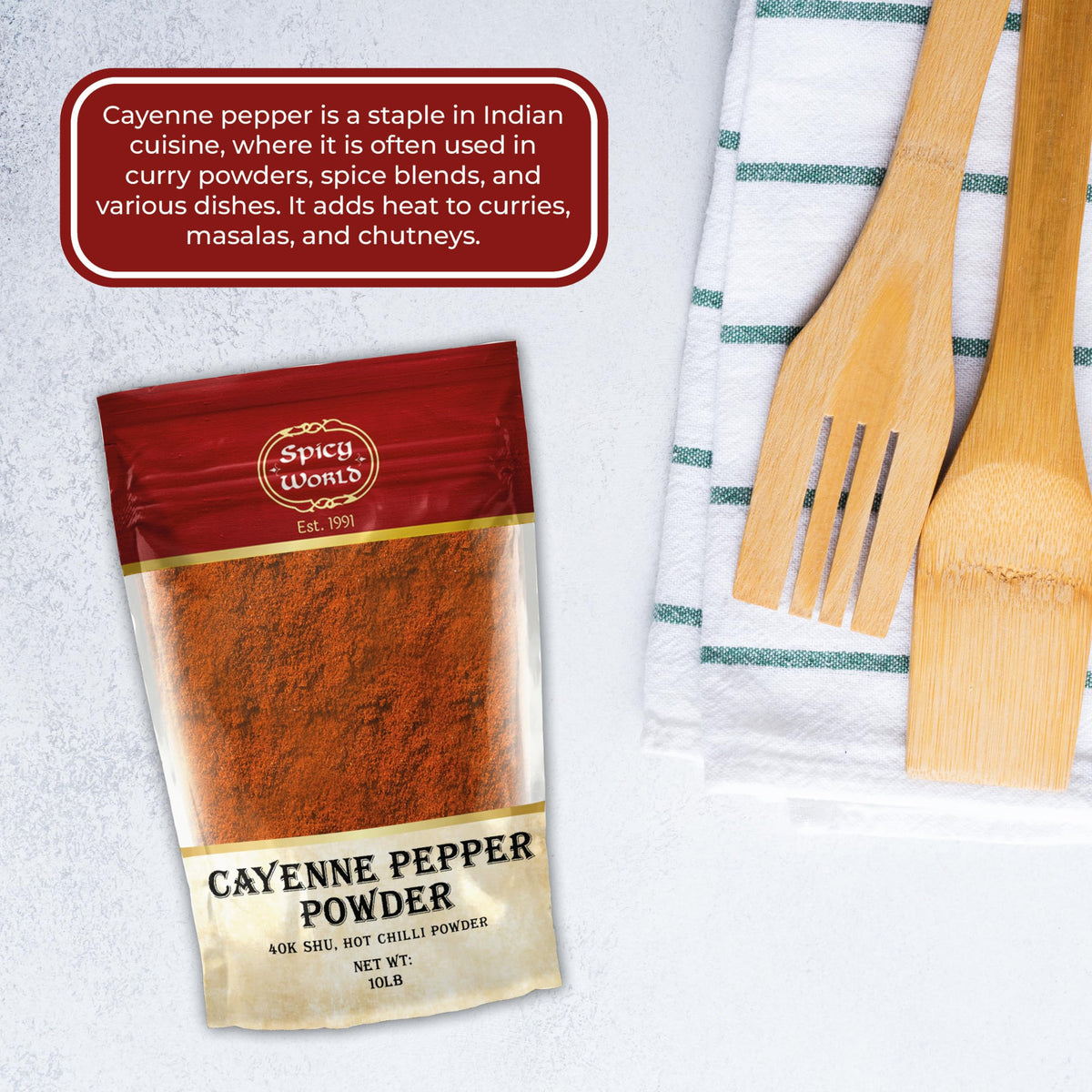 Spicy World Cayenne Pepper Powder enhances marinades with bright, clean heat