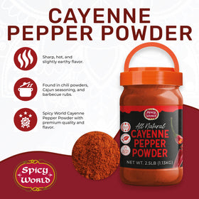 Spicy World Cayenne Powder pour-spout enables easy, mess-free seasoning.
