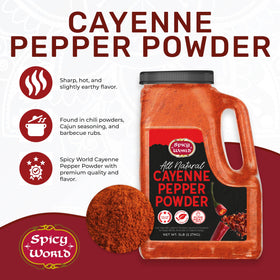 Pour shot of Spicy World cayenne powder for quick seasoning during cooking