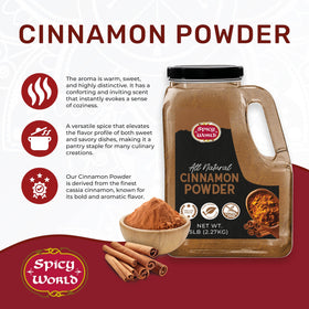 Spicy World ground cassia cinnamon shows deep, robust flavor