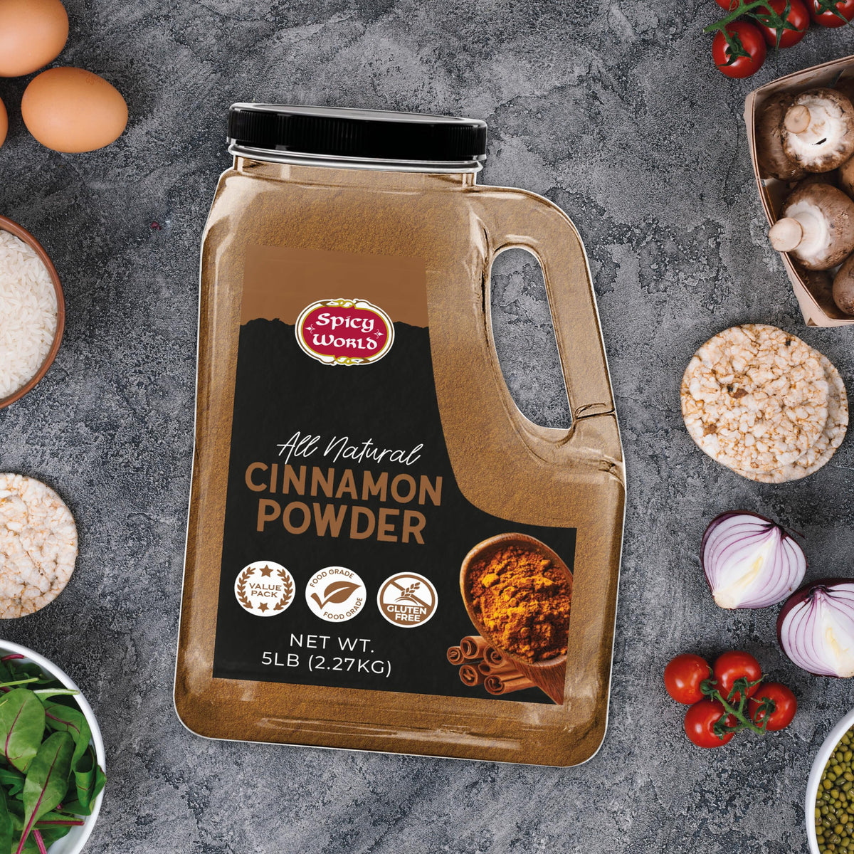 Spicy World cinnamon powder atop oatmeal, fragrant breakfast addition