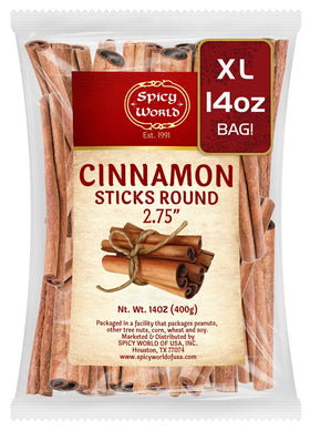 Spicy World cinnamon sticks in a 14oz bag, strong aroma for baking and beverages.
