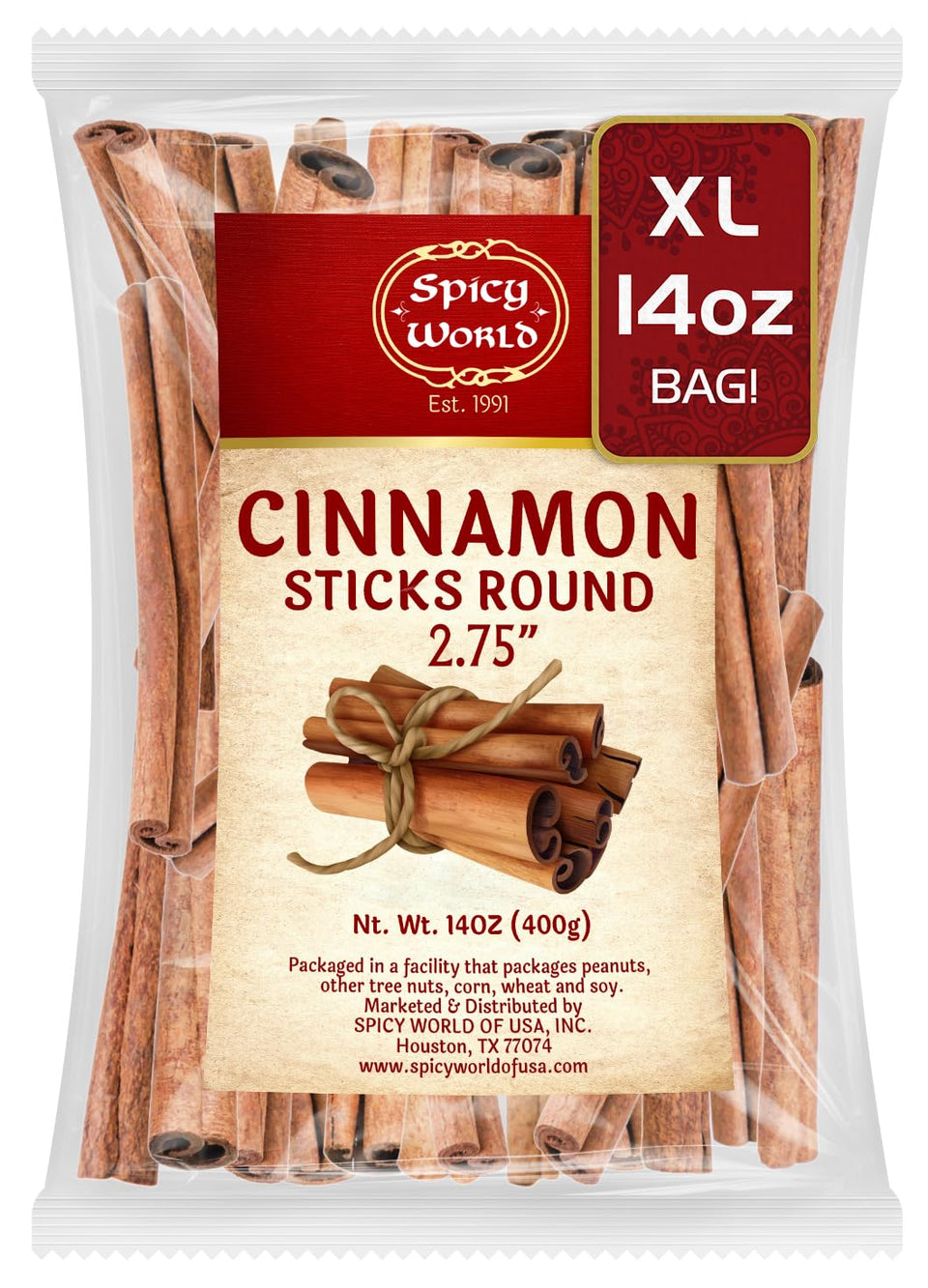 Spicy World cinnamon sticks in a 14oz bag, strong aroma for baking and beverages.