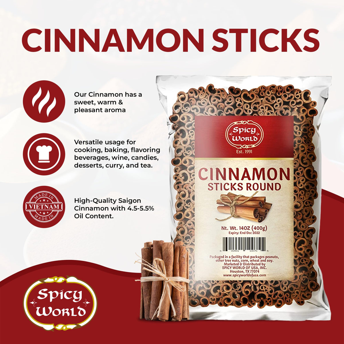Spicy World cinnamon sticks close-up, Saigon cassia with rich aroma.