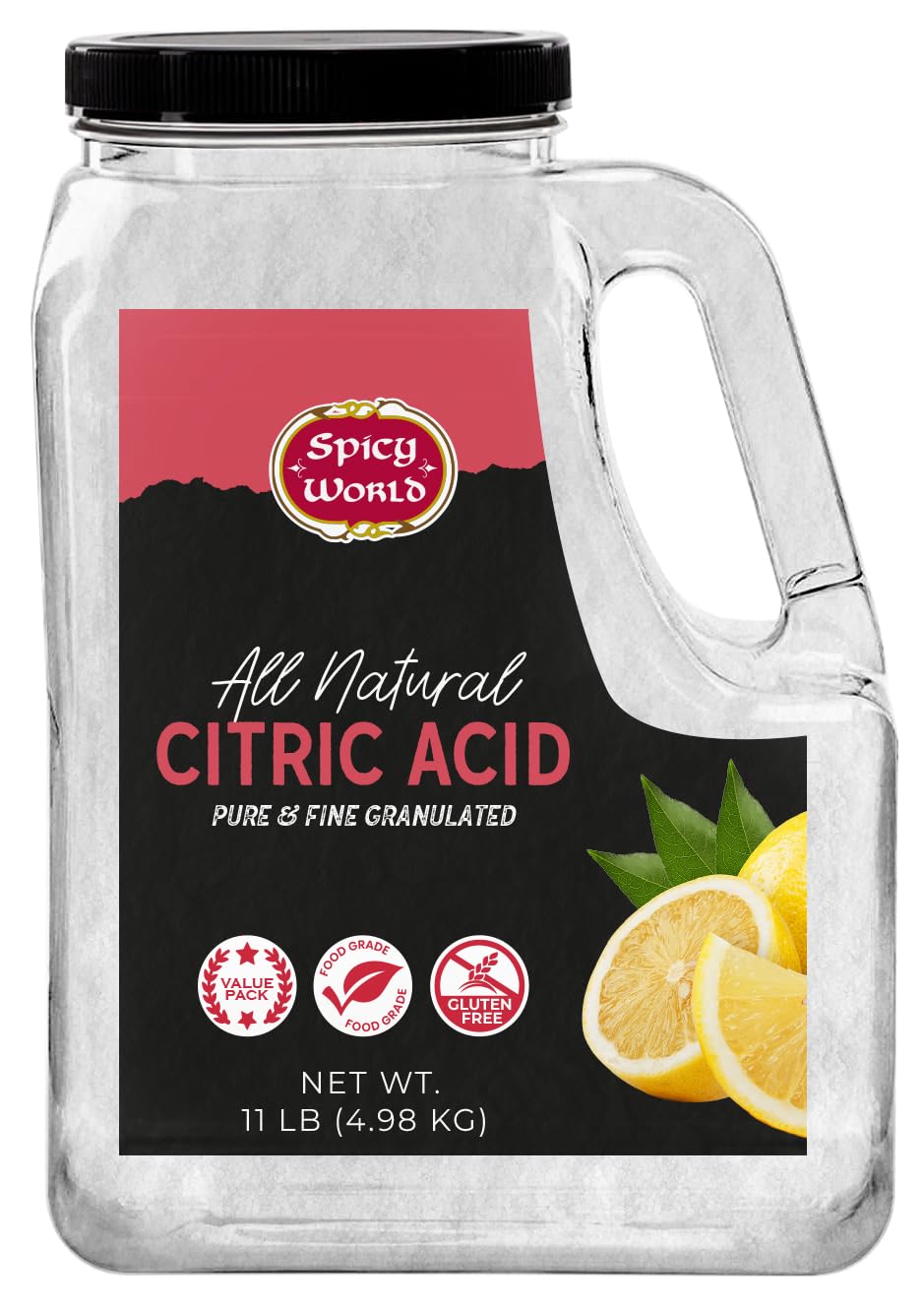 Spicy World citric acid 11lb bulk jar with fine granules for cleaning and preserving.