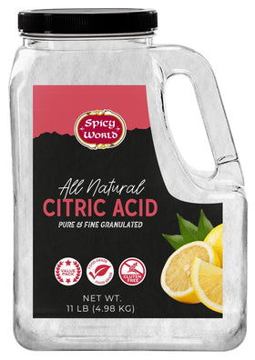 Spicy World citric acid 11lb bulk jar with fine granules for cleaning and preserving.