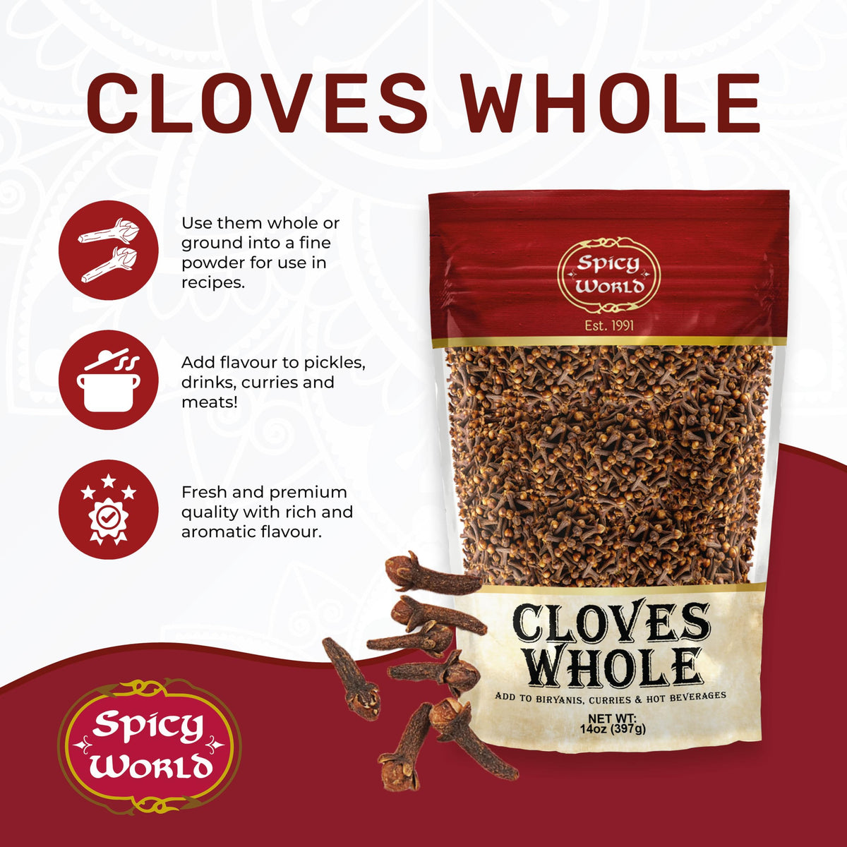 Spicy World clove tea brew highlights warm flavor infusion for comforting beverages.