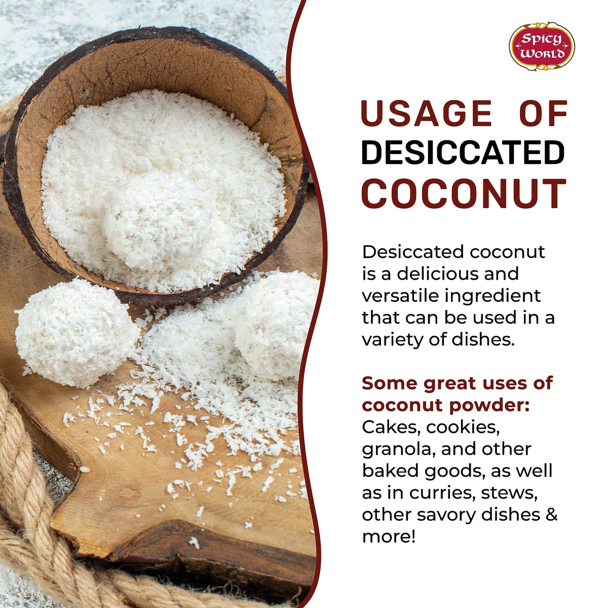 Spicy World coconut powder topping for cakes, yogurt, and ice cream