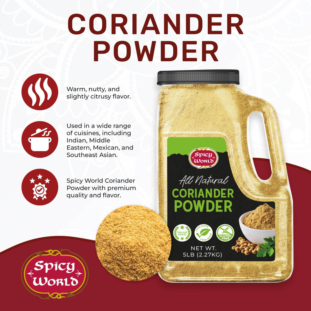 Spicy World coriander powder label detail showing purity and origin